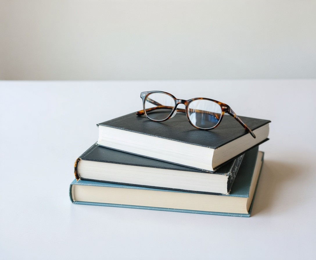 Стопка бизнес-книг и очки